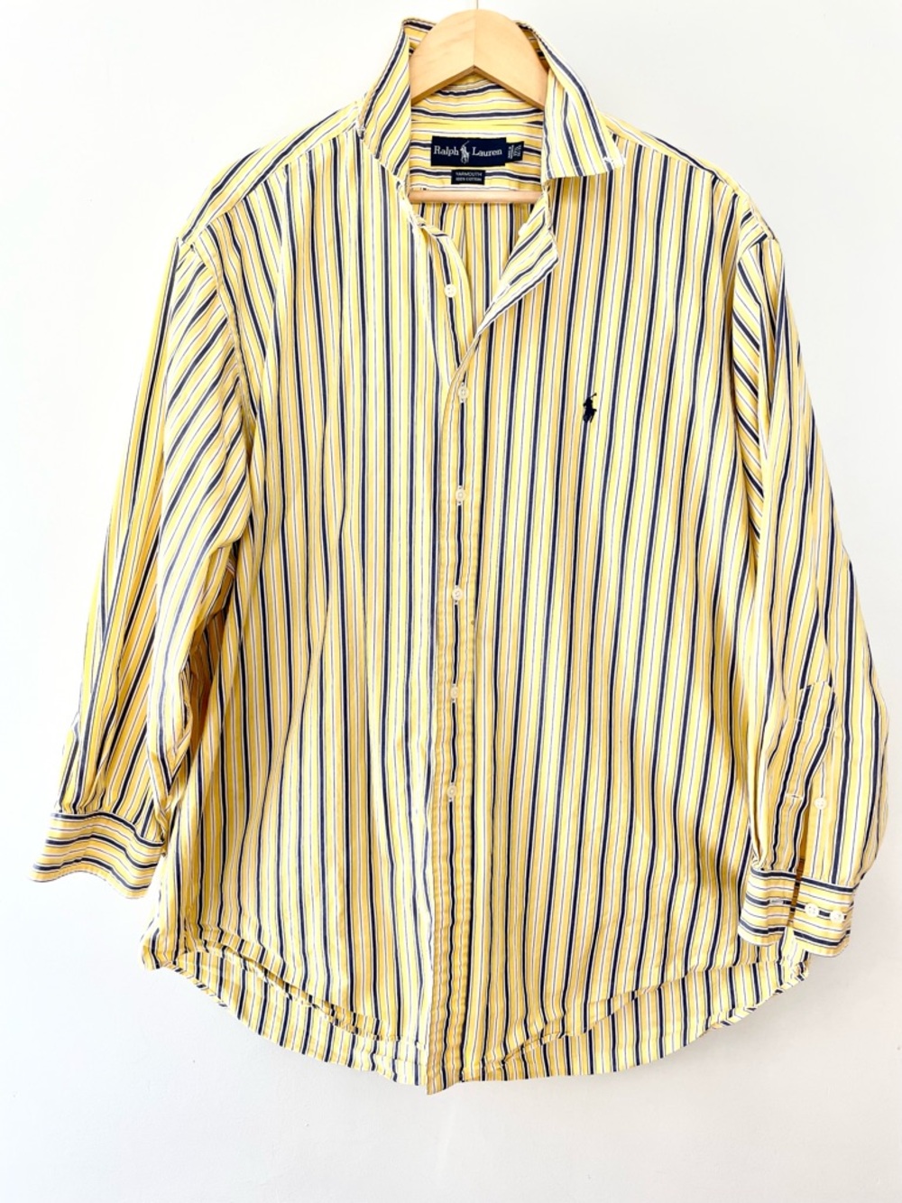 Vintage 90s Ralph Lauren Yarmouth Butter Yellow Striped Shirt 17.5 XL Oversized